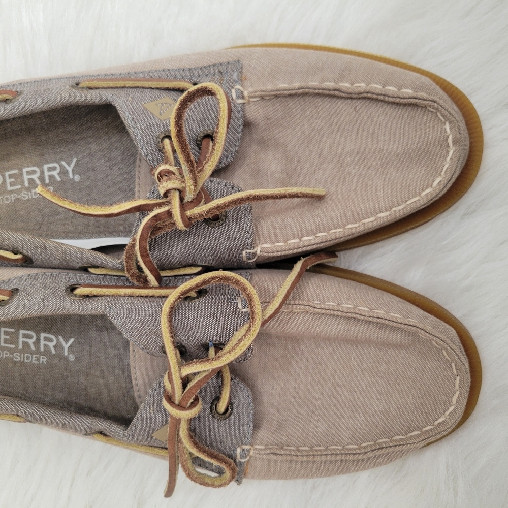 Sperry Top-Sider Boat Shoes Linen & Leather 9 EUC Beige & Blue - Picture 2 of 14